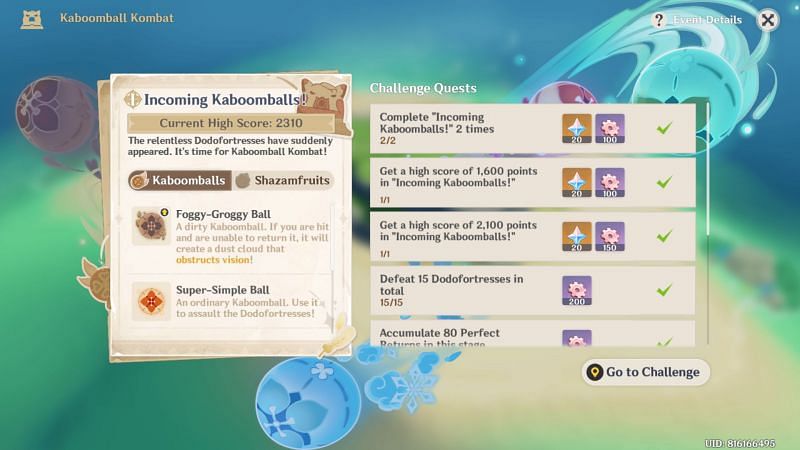 Kaboomball Kombat event challenges (image via Genshin Impact)